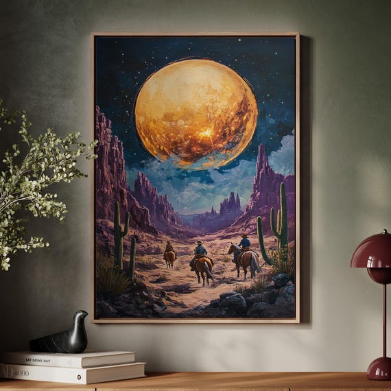 Western Desert Moonlit Wall Art Cowboys Under Starry Sky