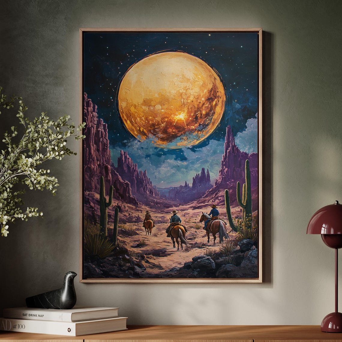Western Desert Moonlit Wall Art Cowboys Under Starry Sky