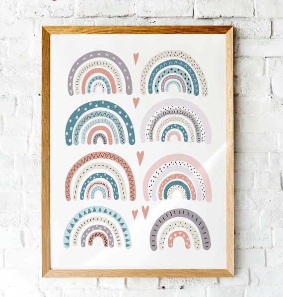 Hand Drawn Pastel Rainbow Nursery Kids Room Boho Watercolor Poster