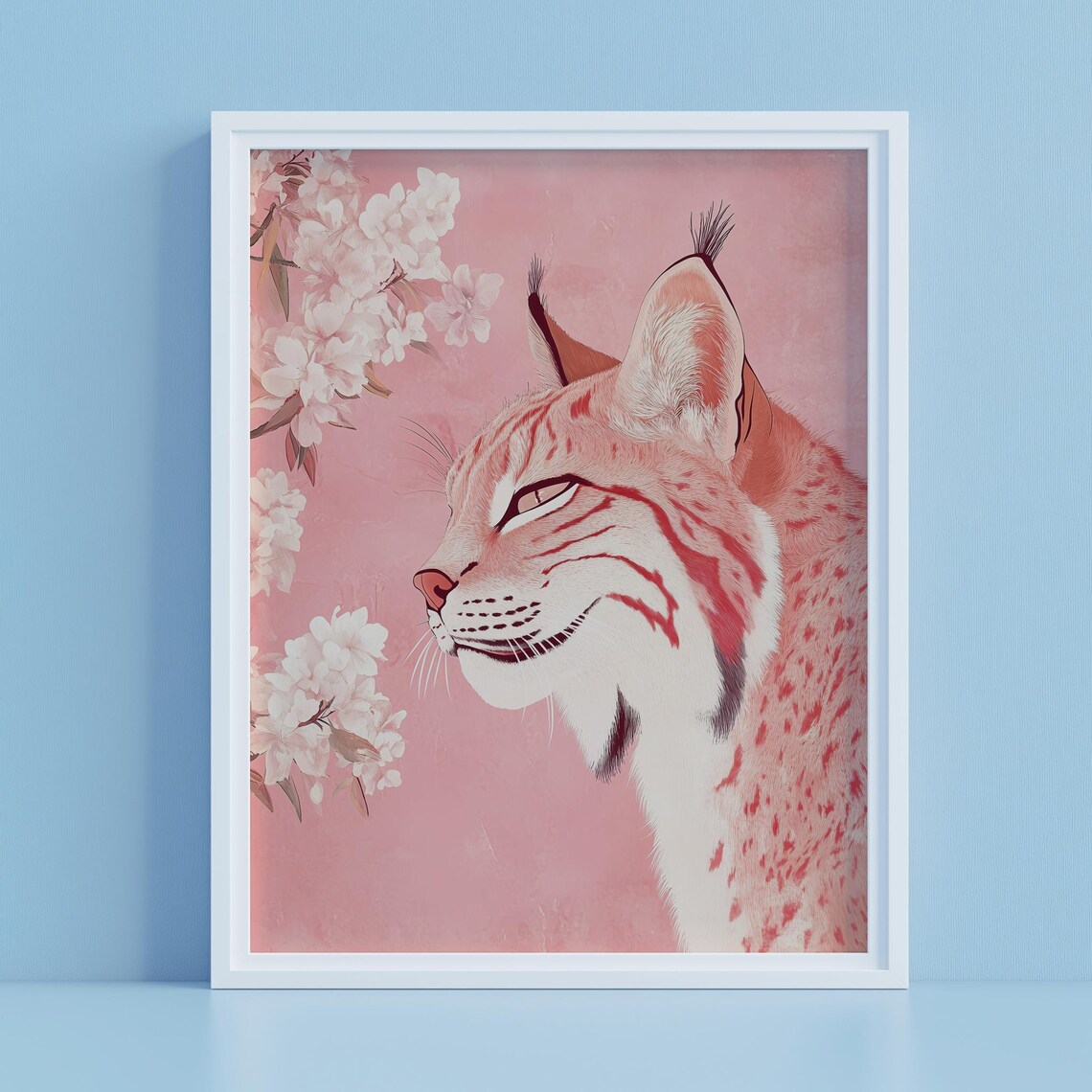 Elegant Pink Lynx Profile Cherry Blossom Floral Wild Cat Art Poster - Image 4