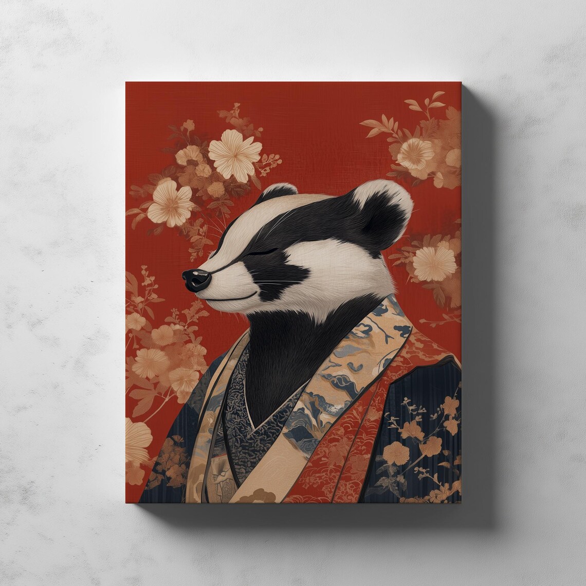 Badger in Kimono Japanese Floral Red Portrait Funny Art Poster - Image 2