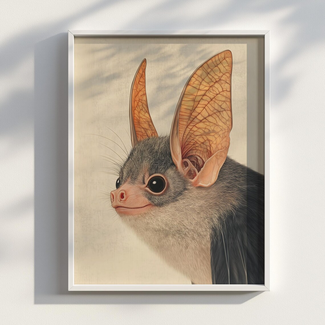 Smiling Big Eared Bat Japanese Ink Style Whimsical Wildlife Poster
