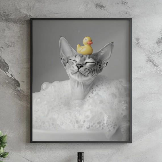 Funny Sphynx Cat Bubble Bath Print Black And White Bathroom Wall Art Quirky Hairless Photography Rubber Duck Sphinx Poster
