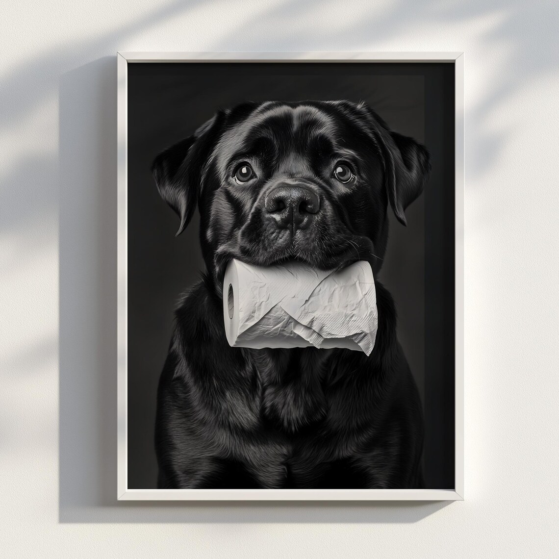 Mischievous Black Dog Holding Toilet Paper Funny Pet Portrait Poster