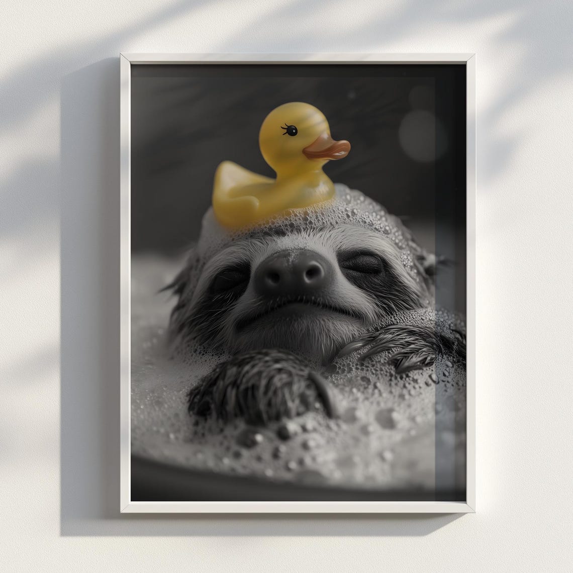 Sloth Bubble Bath With Rubber Duck Black And White Funny Poster