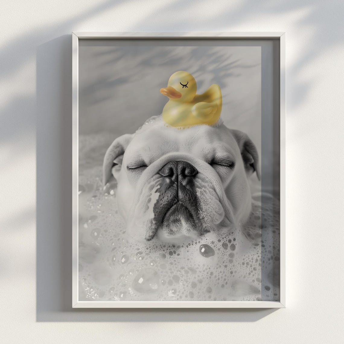 English Bulldog Bubble Bath Wall Art Black And White Dog Bathroom Decor With Funny Rubber Duck Scene