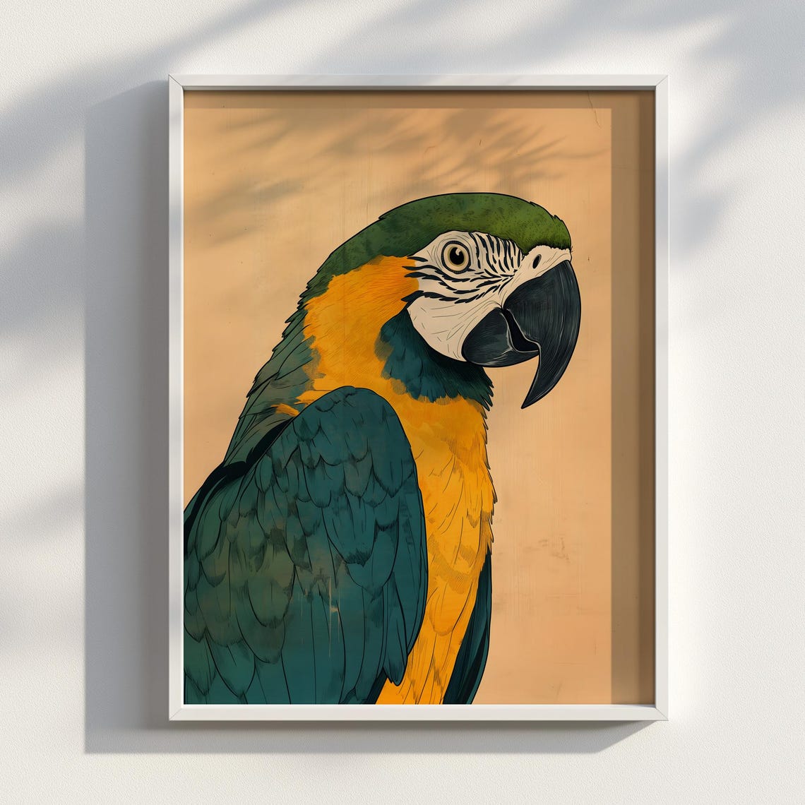 Blue and Yellow Macaw Parrot Portrait Japanese Ink Style Bird Poster