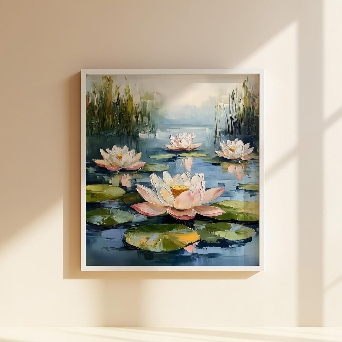 Elegant Water Lily Blossoms Tranquil Pond Oil Painting Poster