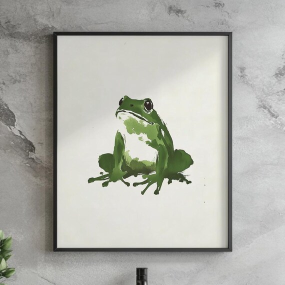 Green Frog Japanese Sumi E Ink Minimalist Zen Animal Art Poster