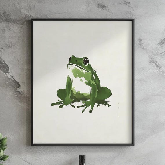 Green Frog Sumie Ink Wall Art Minimalist Japanese Style Animal Painting Print Zen Watercolor Poster Decor