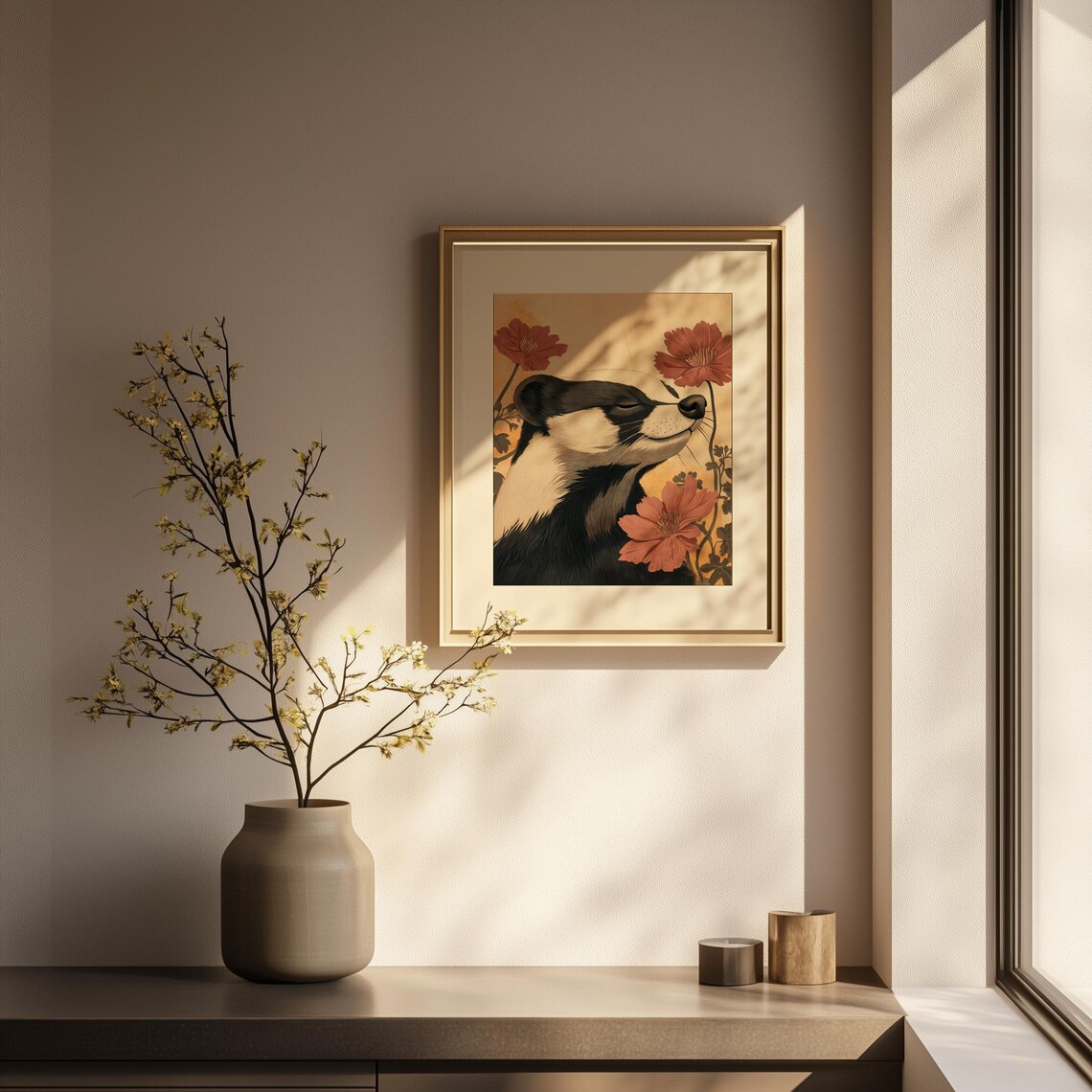 Serene Badger Portrait Red Flowers Ochre Wild Animal Art Poster - Image 3
