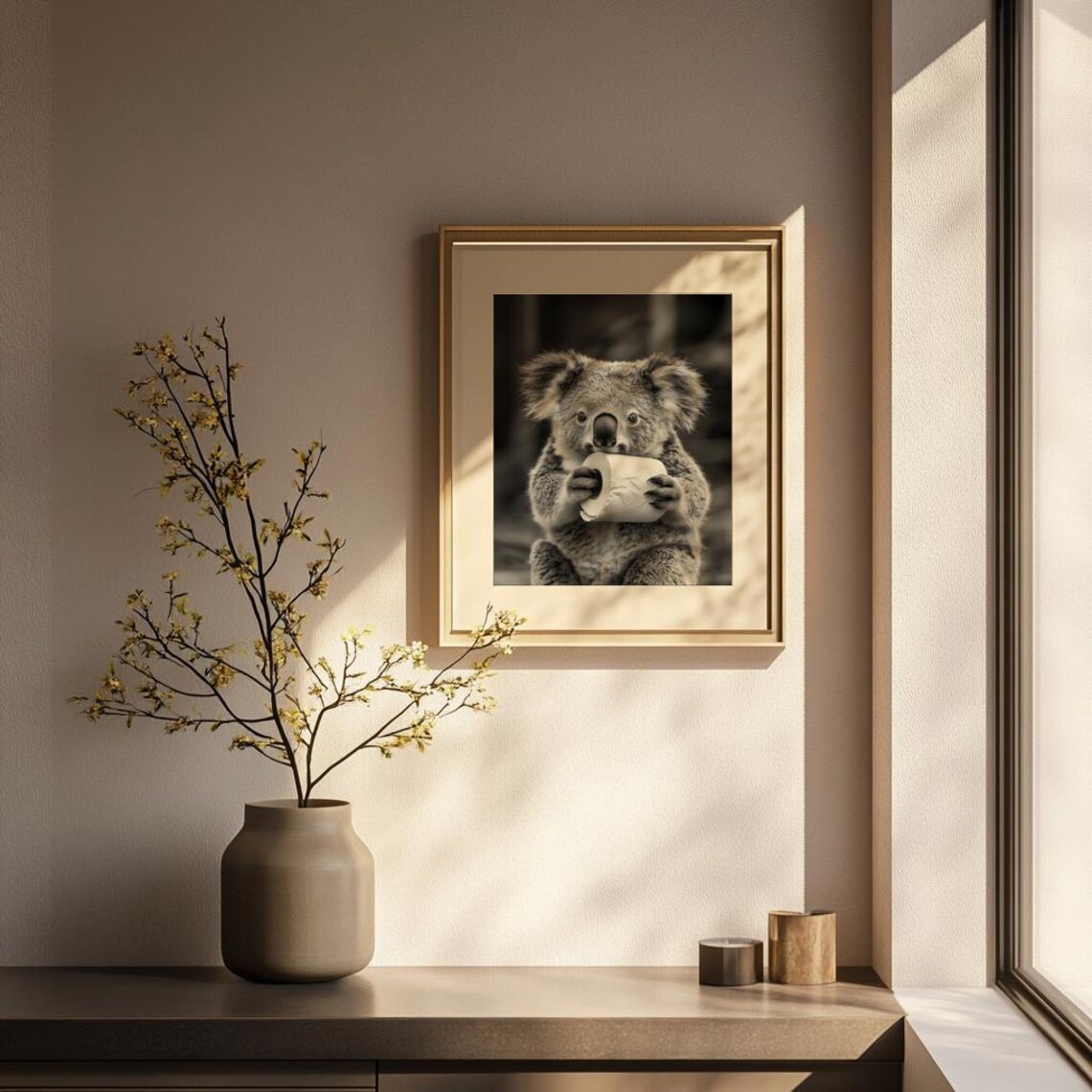 Cute Funny Koala Toilet Paper Roll Black White Bathroom Poster - Image 2