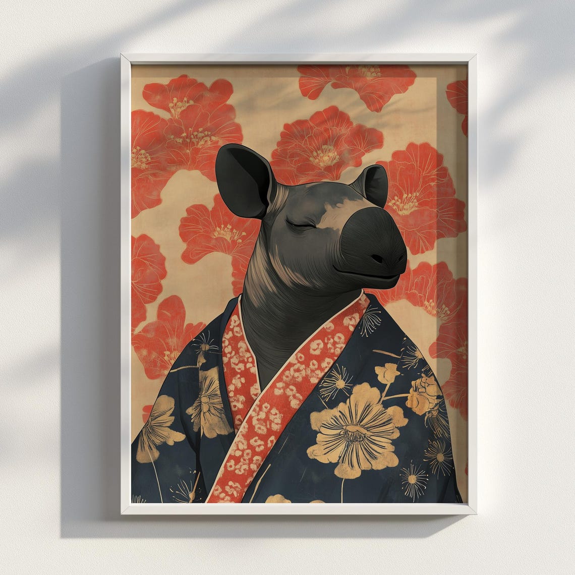 Tapir in Kimono Red Blossoms Japanese Ukiyoe Whimsy Art Poster