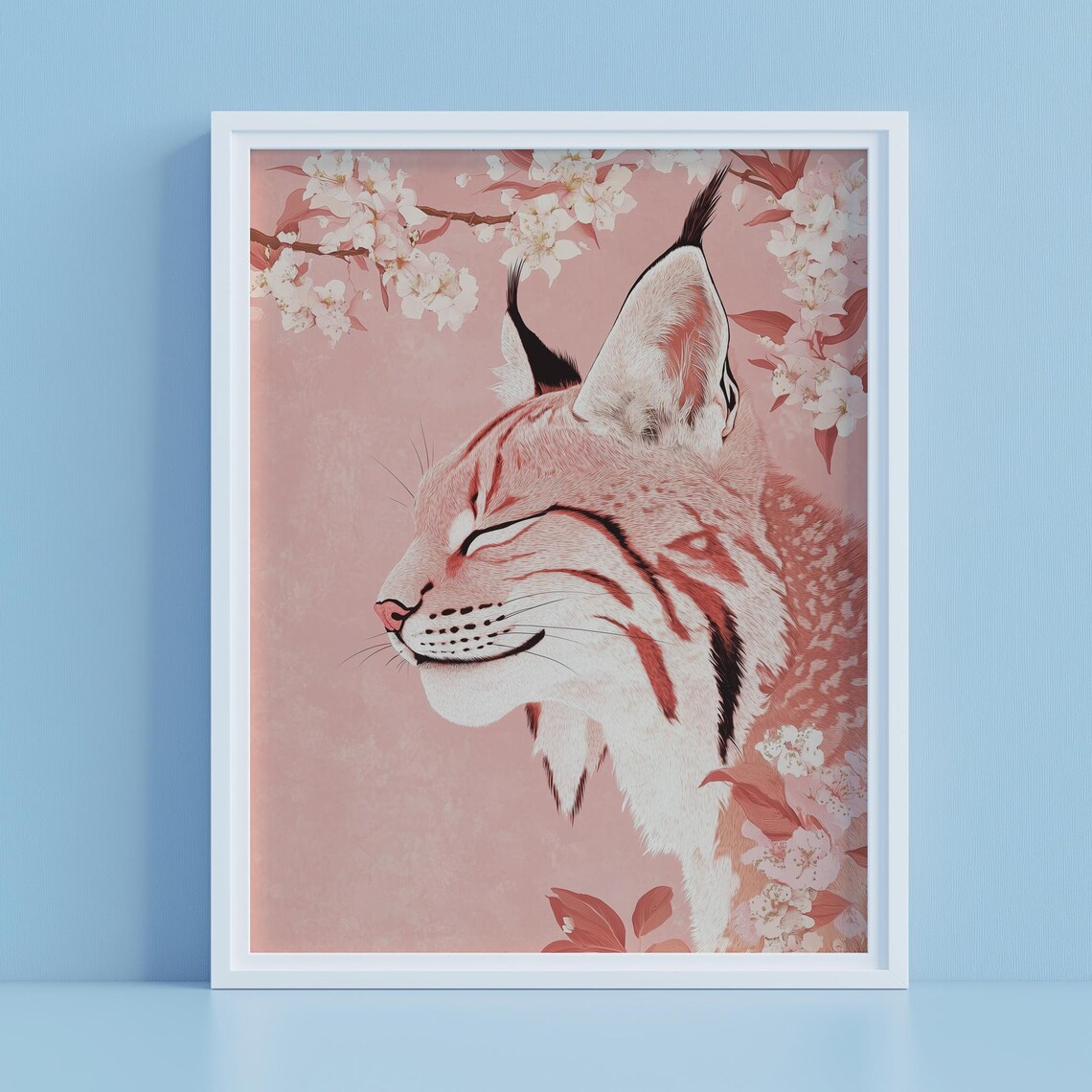 Pink Lynx Cherry Blossom Japanese Floral Wild Cat Art Poster - Image 4
