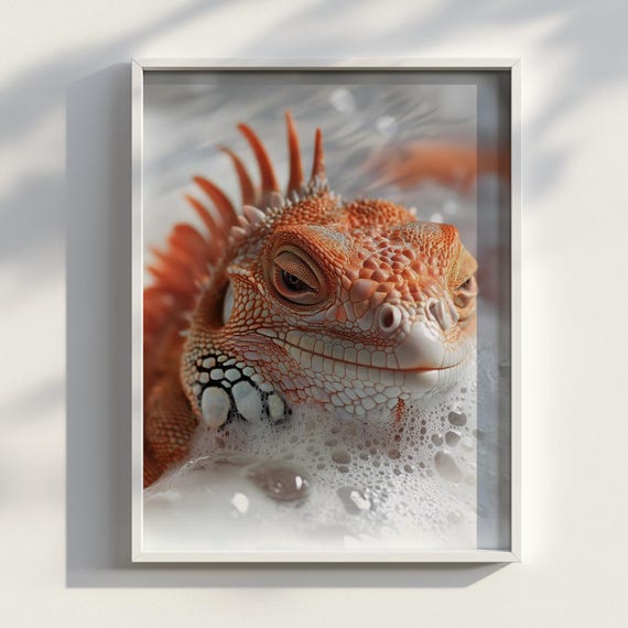 Bubbly Iguana Reptile Art Poster Relaxing Funny Bathroom Print Wall