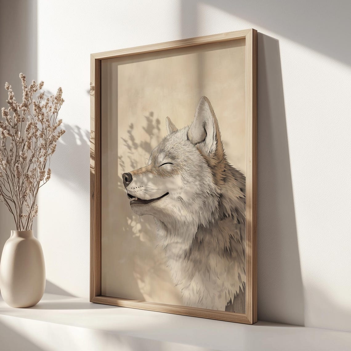 Smiling Wolf Portrait Ukiyo E Style Joyful Content Wildlife Poster - Image 2