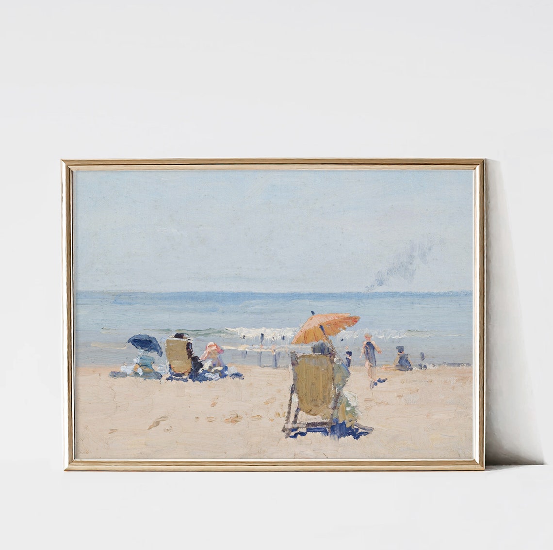Sunny Beach Day Impressionist Seaside Painting Umbrellas Ocean Poster