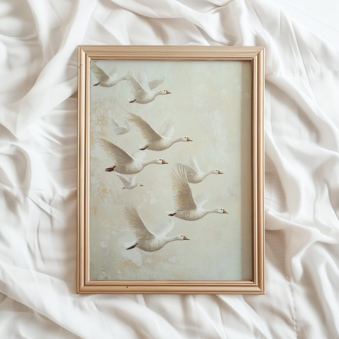 White Geese Flock Flying Neutral Sky Vintage Bird Wall Art Poster - Image 3
