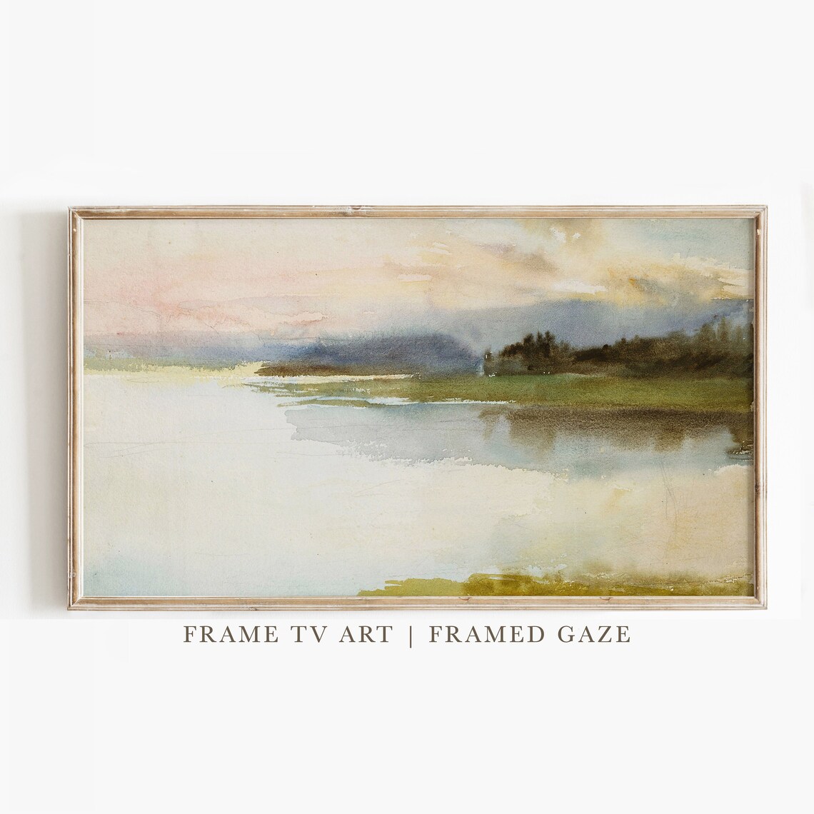 Dusk Lake Golden Pink Sky Reflections Calm Watercolor Poster