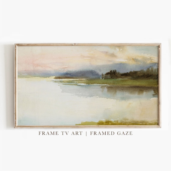 Dusk Lake Golden Pink Sky Reflections Calm Watercolor Poster