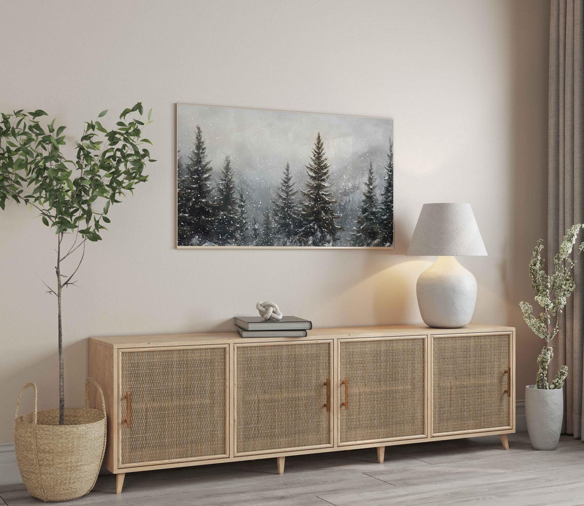 Snowy Pine Forest Falling Snow Winter Wonderland Landscape Wall Art - Image 3