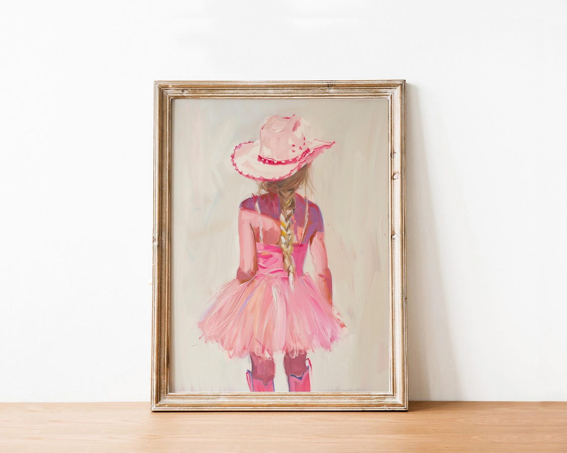 Little Cowgirl Pink Tutu Cowboy Hat Back View Nursery Wall Art - Image 4