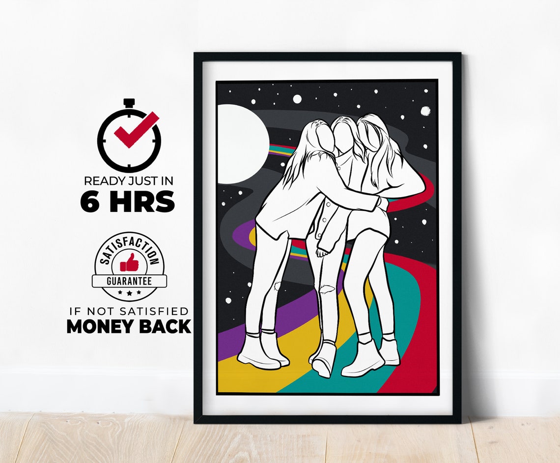 Three Friends Hugging Rainbow Night Sky Custom Line Art Poster