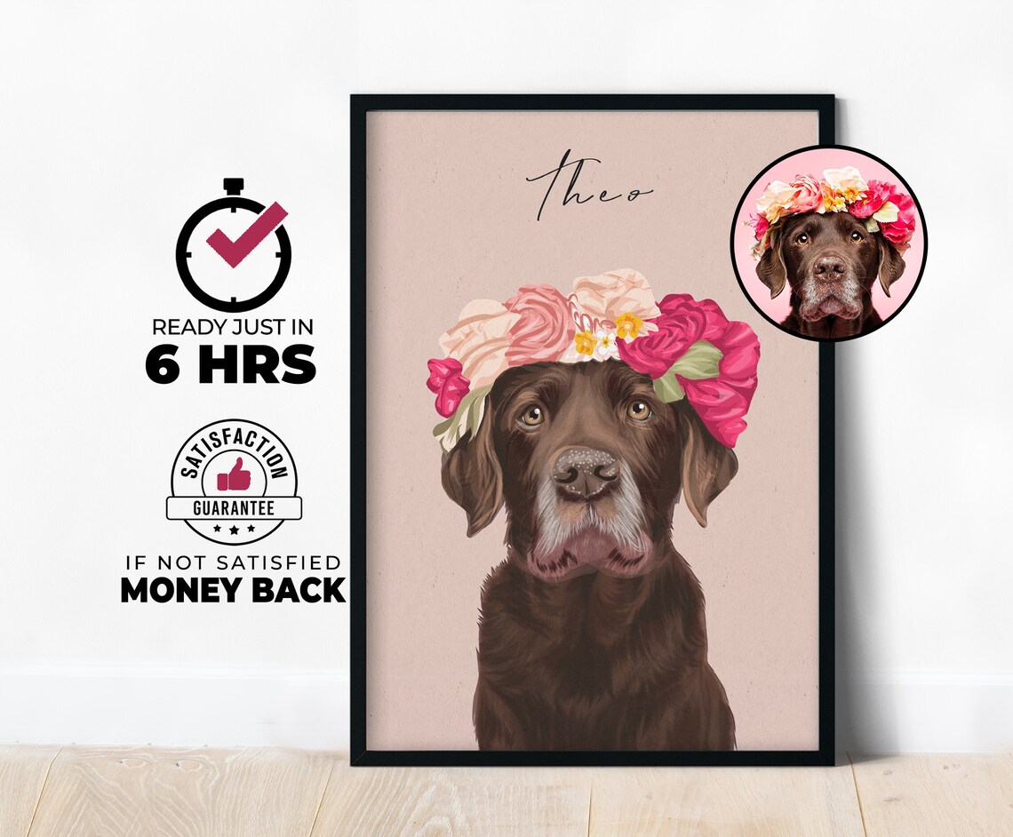 Personalized Chocolate Lab Theo Flower Crown Pet Portrait Poster