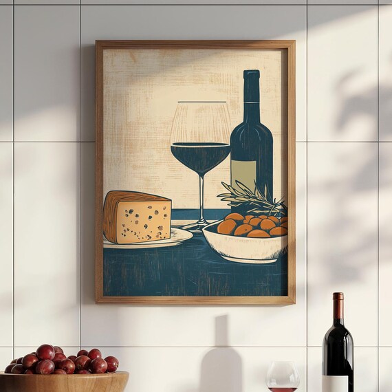 Vintage Wine and Cheese Still Life with Olives Kitchen Poster
