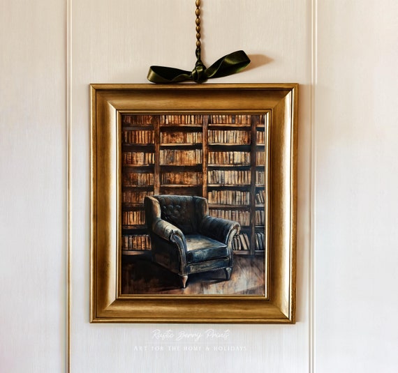 Moody Vintage Library Oil Painting Wall Art Vintage Antique Print Cottagecore Academia Books Art Instant