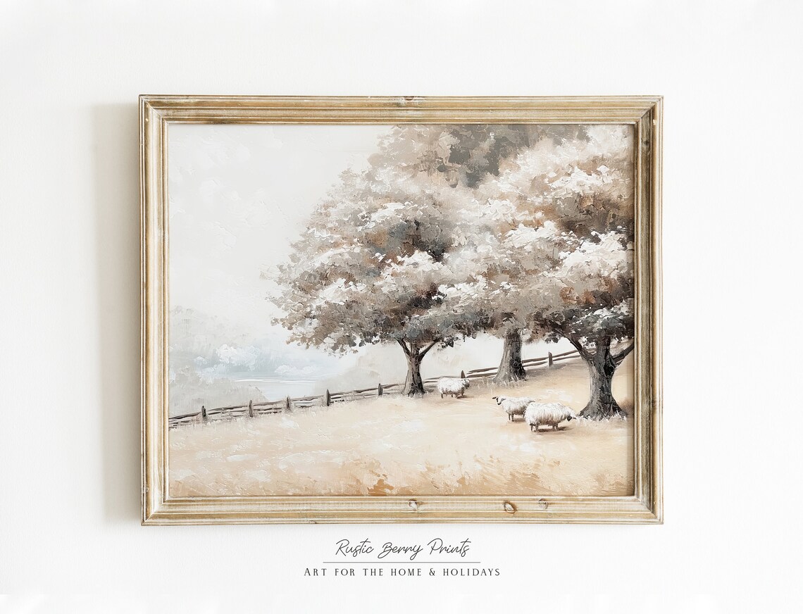 Sheep Under Trees Fence Misty Cream Pasture Vintage Art Poster