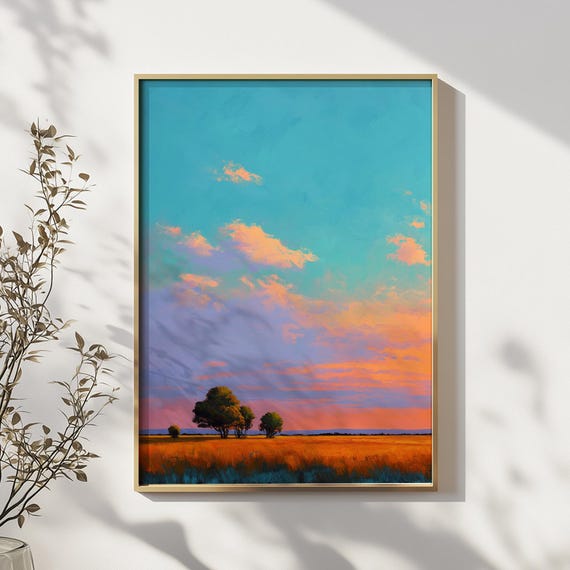 Golden Sunset Landscape Wall Art Colorful Sky And Field Painting With Trees For Modern Living Room Nature Inspired Decor
