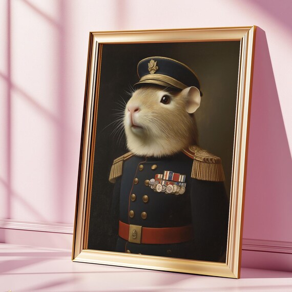 Regal Guinea Pig Portrait Funny Pet Commander Wall Art Animal In Military Uniform Whimsical Lover Gift Vintage