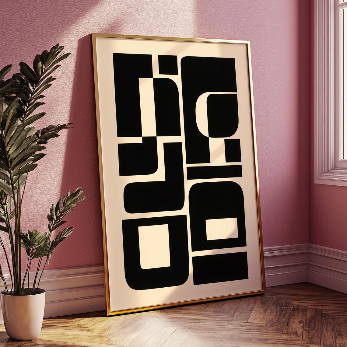 Black And Beige Geometric Abstract Shapes Mid Century Modern Poster
