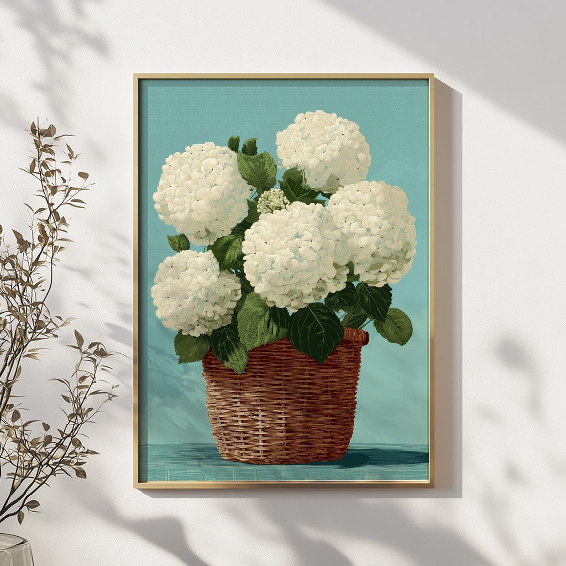 White Hydrangea Blooms in Wicker Basket Rustic Botanical Poster