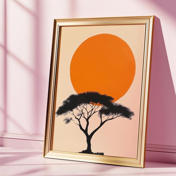 African Acacia Tree Wall Art Minimalist Sunset Landscape Print Bold Orange Nature Poster Safari Home Decor
