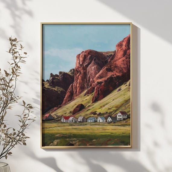 Icelandic Village Landscape Wall Art Nordic Mountain Painting With Colorful Houses And Scenic Nature For Rustic Modern Home Decor