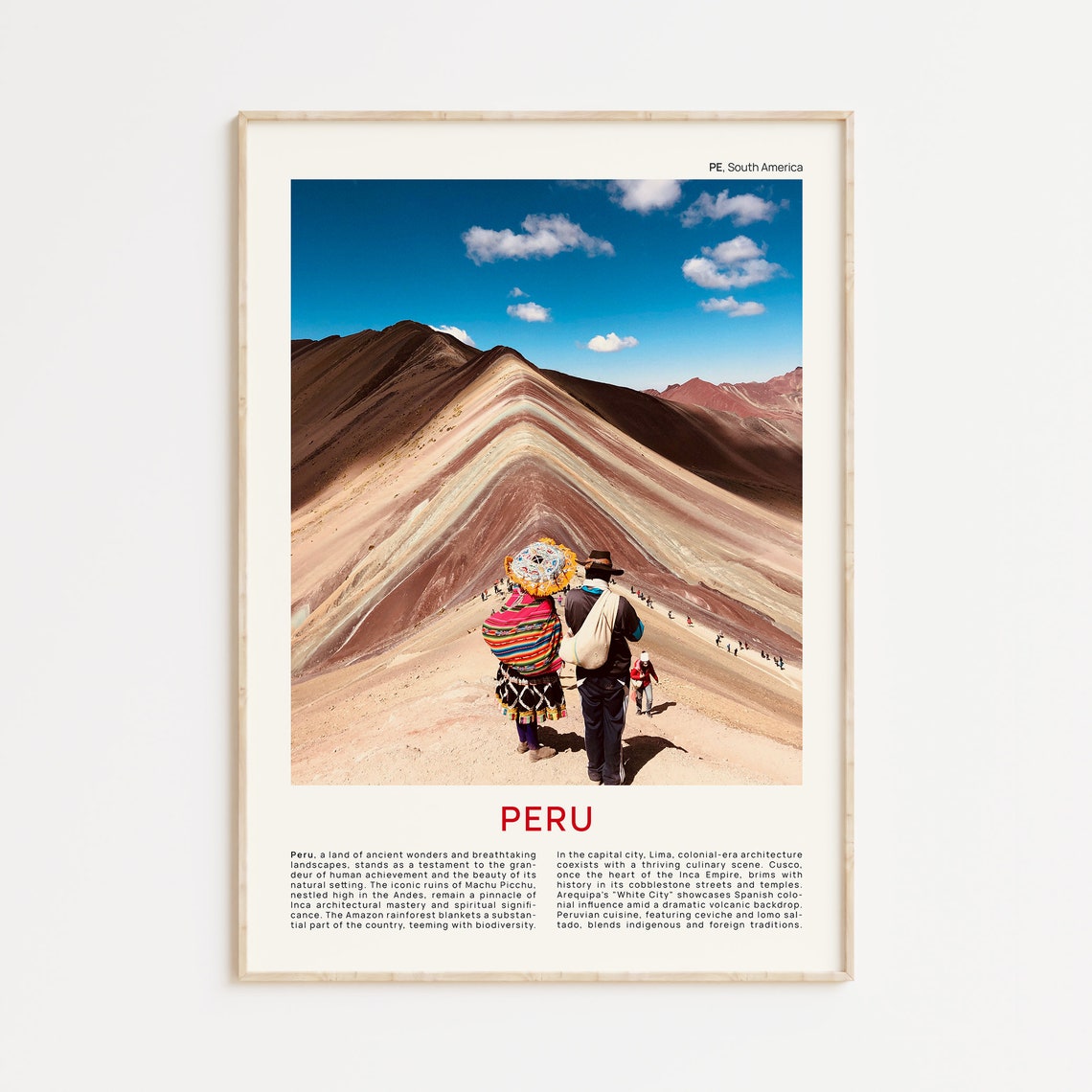 Peru Rainbow Mountain Vinicunca Striped Andes Hikers Blue Sky Poster