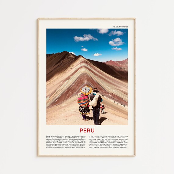 Peru Rainbow Mountain Vinicunca Striped Andes Hikers Blue Sky Poster