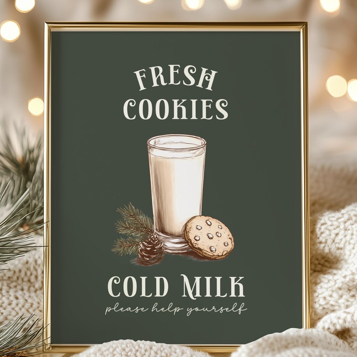 Fresh Cookies Cold Milk Christmas Kitchen Sign Holiday Green Decor Poster
