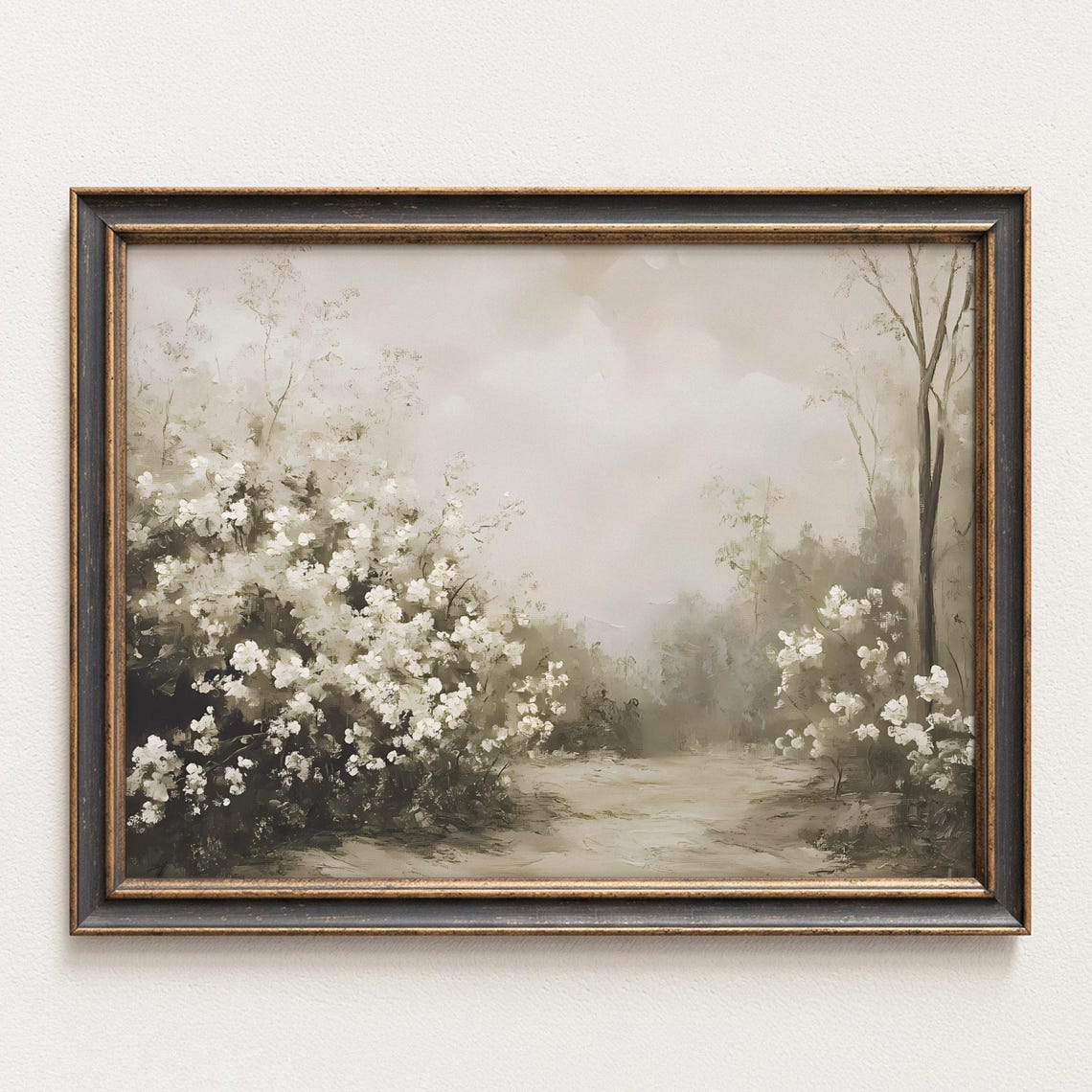 Neutral White Blossom Country Path Painting Rustic Floral Wall Art