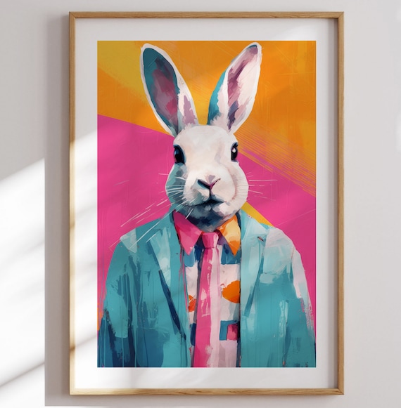 Dapper Bunny In Blue Suit And Tie Pop Art Animal Portrait Poster