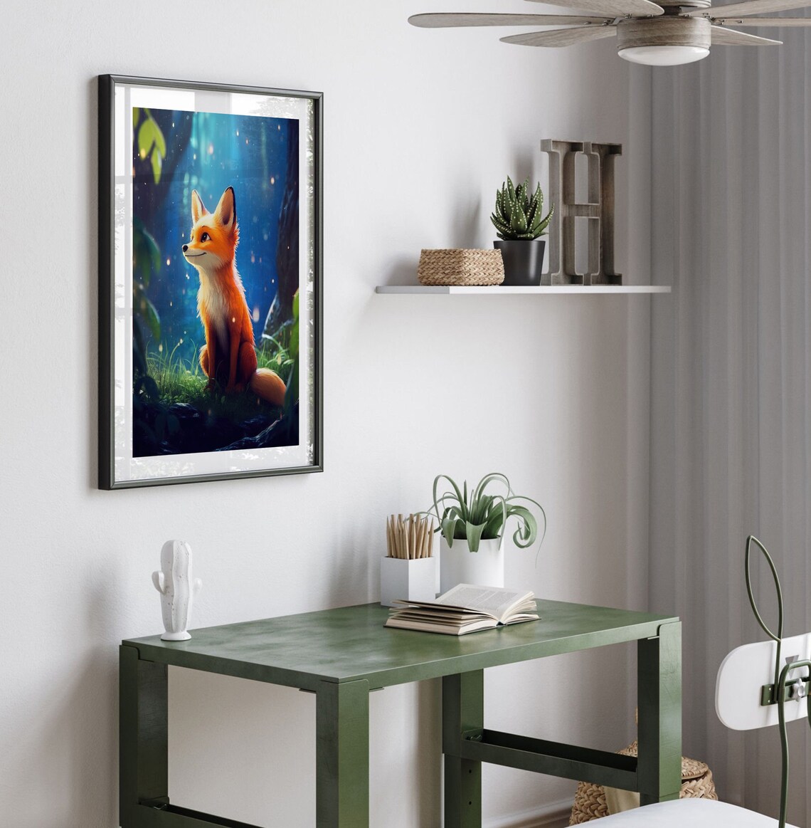 Cute Cartoon Fox in Rainy Moonlit Forest Magical Wildlife Print - Image 3