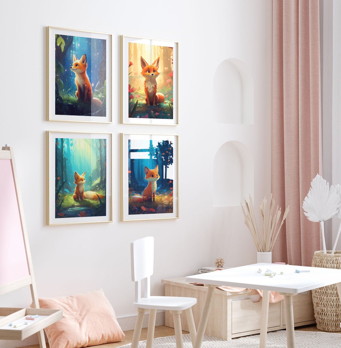 Cute Cartoon Fox in Autumn Forest Falling Leaves Kids Room Poster - Image 2