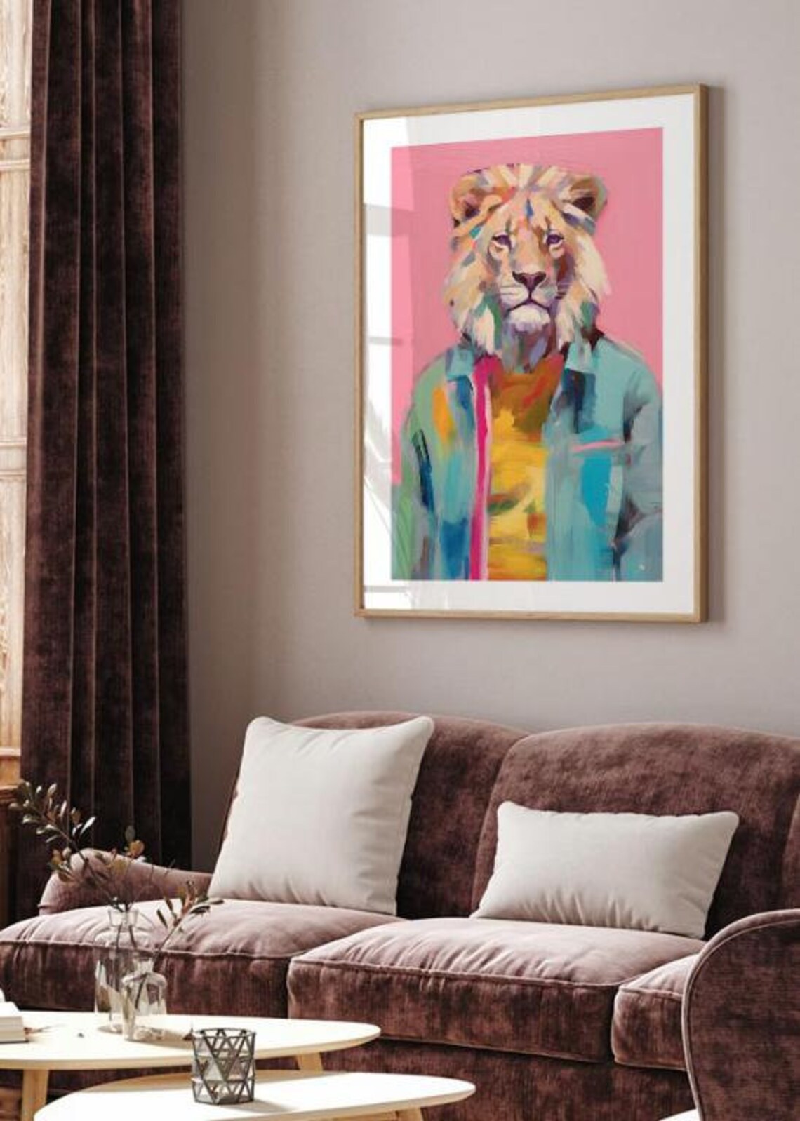 Stylish Lion Wearing Denim Jacket Colorful Pop Art Animal Poster - Image 3