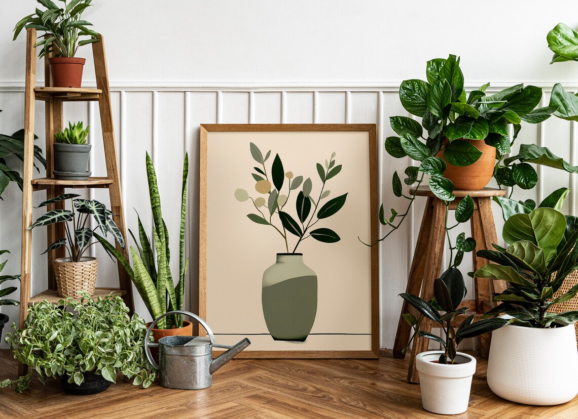 Modern Minimalist Green Botanical Vase Leaves Cream Tone Poster - Image 2