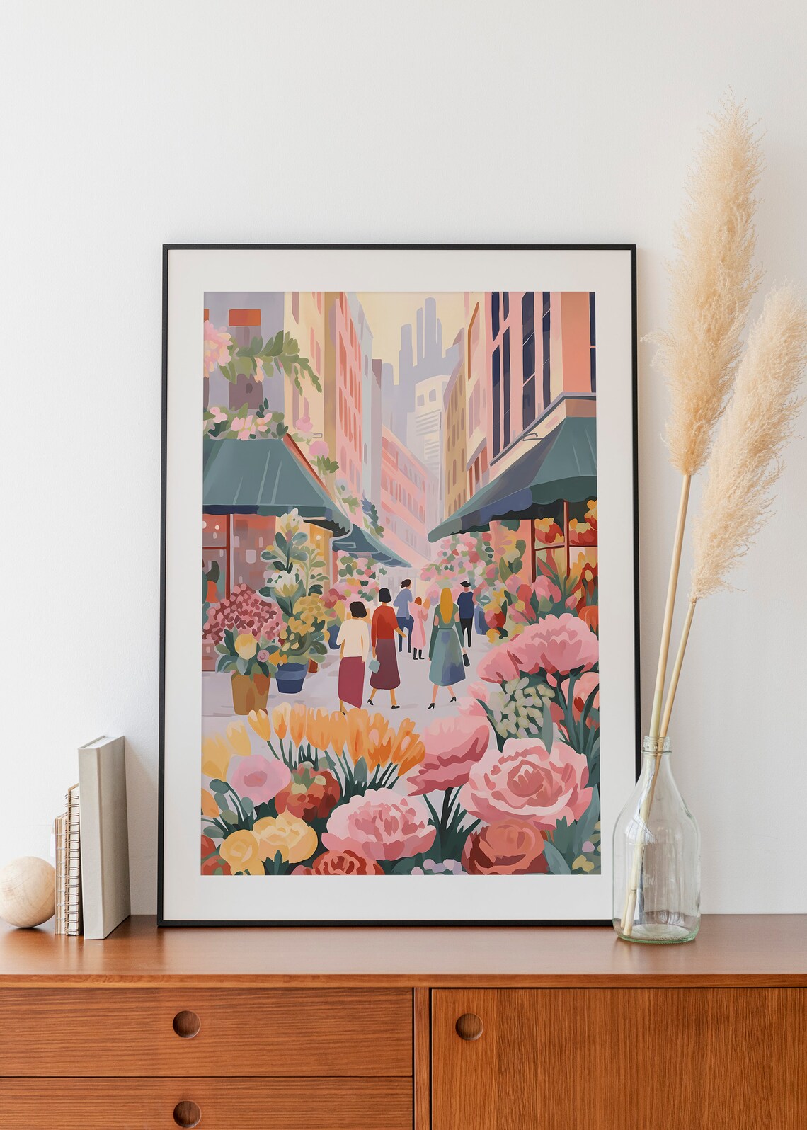 Pink Parisian Flower Market Street Scene Shoppers Art Poster - Image 3