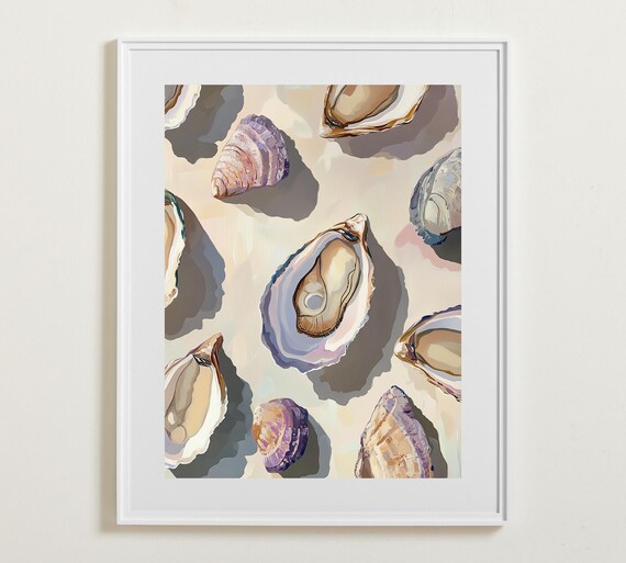 Pastel Oyster And Clam Shells Scattered Pattern Coastal Poster