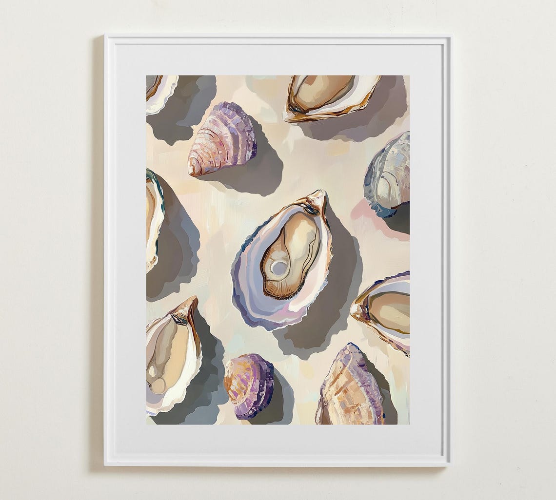 Pastel Oyster And Clam Shells Scattered Pattern Coastal Poster