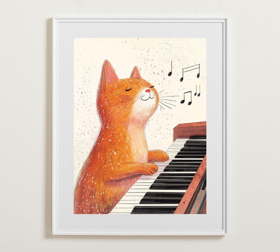 Orange Cat Playing Piano Music Notes Whimsical Kitten Nursery Wall Poster